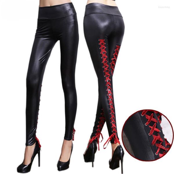 Calças femininas sexy matte faux couro leggings para mulheres cintura alta perna gravata skinny brilhante nightclub bar desempenho traje