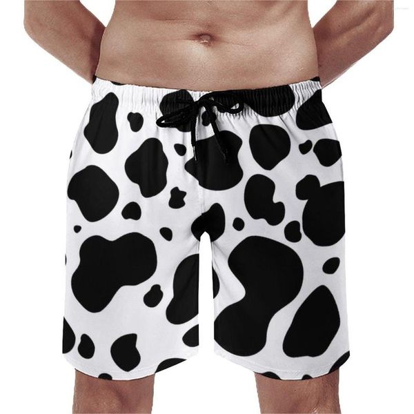 Shorts masculinos, preto e branco, estampa de vaca, manchas de verão, praia engraçada, calças curtas, esportes, fitness, secagem rápida, calções de banho gráficos