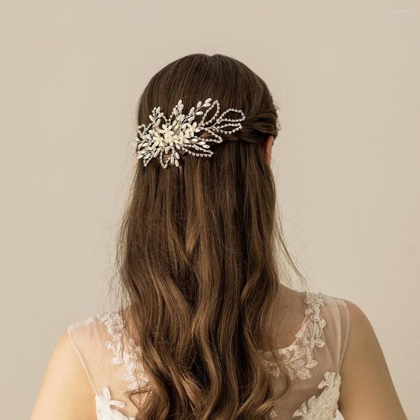 Copricapo O562 Pettine per capelli da sposa squisito intarsiato Catena di cristallo Perle Ceramica Fiori fatti a mano Spettacolo di donne Eseguire Prom