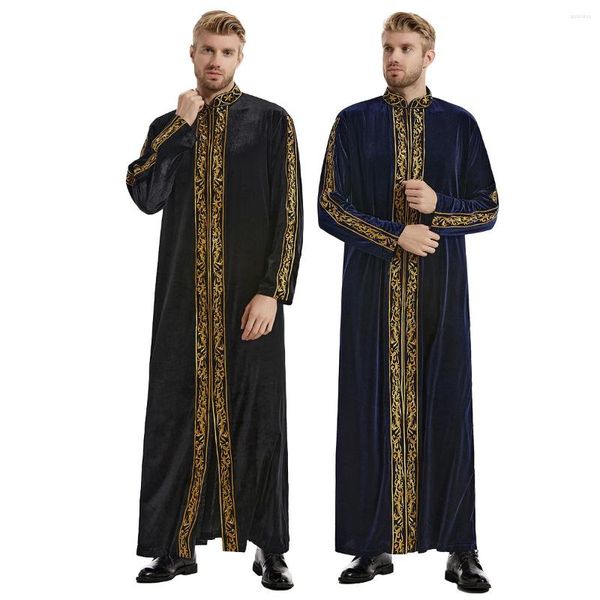 Etnik Giyim Erkek Müslüman Moda İslami Dubai Kaftan Elbiseler Pakistan Kaftan Suudi Arabistan Pleuche Nakış Elbisesi Jubba Thobe Abaya