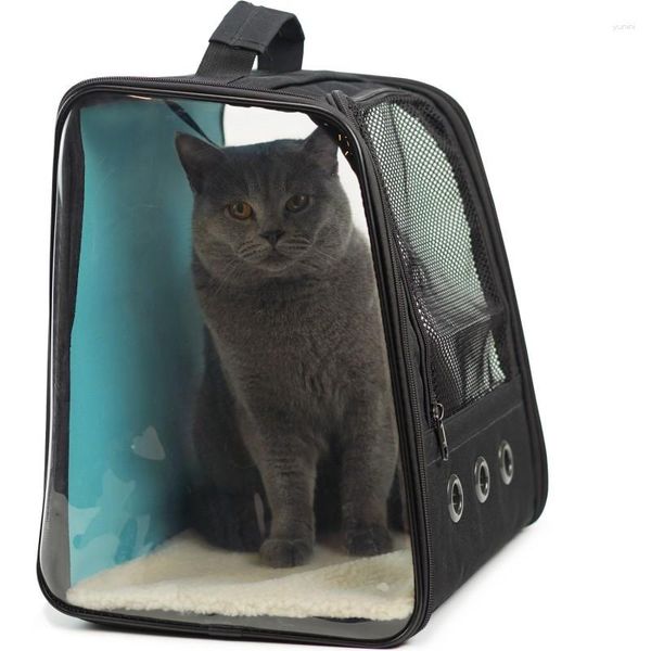 Mochila para transportar animais de estimação, mochila transparente com janela respirável, malha antiarranhões, bolsa de viagem para cães pequenos, preta