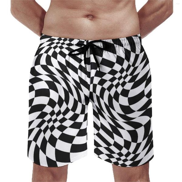 Shorts masculinos abstrato listrado placa verão preto branco geométrico esportes fitness calças curtas secagem rápida casual troncos de natação