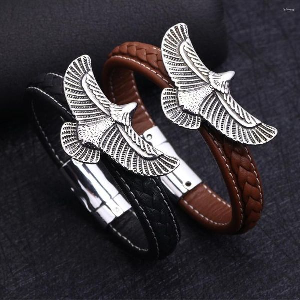 Charme pulseiras elegante punk vintage águia careca pulseira de couro trançado pulseiras homens presente estilo americano