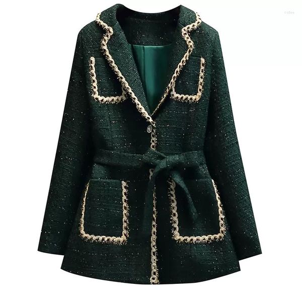 Damenanzüge Herbst Winter Frauen Tweed-Blazerjacke 2023Designer Taschenverstärkter schlanker grüner Anzug Dame Eleganter formaler Blazermantel