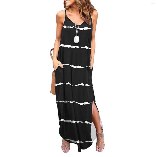 Vestidos casuais elegante feminino maxi vestido spaghetti cinta baixa v-pescoço elástico derramado verão confortável envoltório listrado