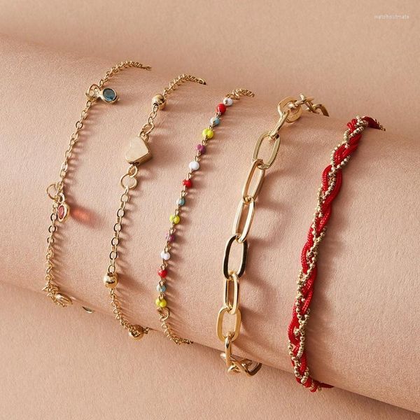 Charme pulseiras 2023 doce cor frisada pulseira boêmia conjunto coração corda vermelha trançada 5 peças