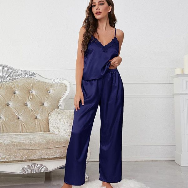 Женская одежда для сна Daeyard Silk, пижамный комплект из 2 предметов для женщин, сексуальная кружевная кофточка и длинные брюки, мягкая удобная пижама, повседневная домашняя одежда
