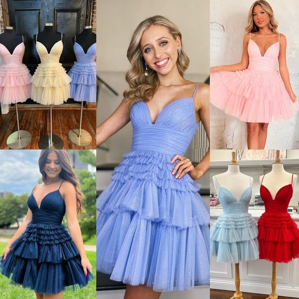 Glitter Hoco Vestido 2024 Saia Ruffle Lady Evento Formal Cocktail Party Vestido Homecoming Curto Prom Dance Rosa Luz Amarelo Azul Preto Azul Marinho Vestido de Baile Espaguete 2k24