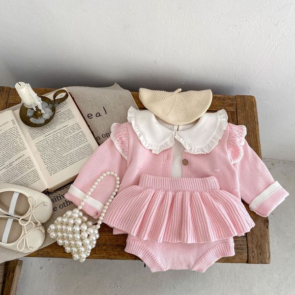 Bonito rosa bebê menina outono roupas de malha babados saia recém-nascido conjunto roupas manga longa macacão shorts conjunto roupa 2595