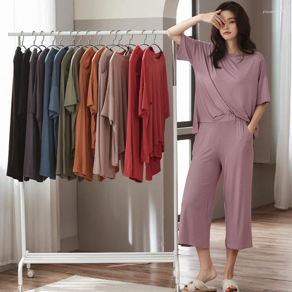 Mulheres sleepwear fdfklak modal viscose nightie para 2 peça conjunto pijamas dormir terno verão solto cor sólida feminino roupas de casa