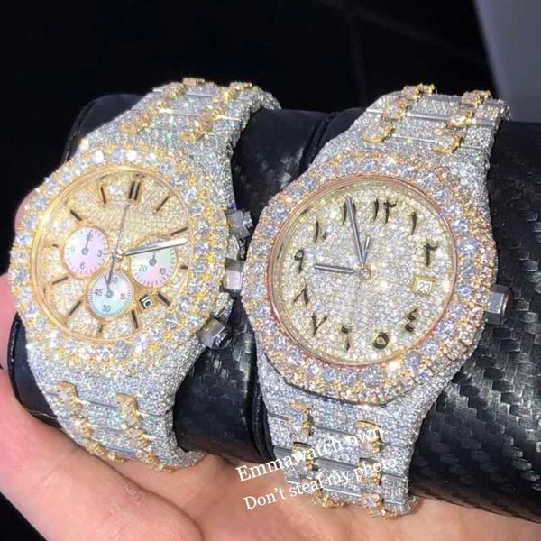 Ap Stones Moissanite 2023 Relógio Versão Silver Pass Test Mens 2 Tone Vvs Diamonds Relógios Melhor Qualidade Automático Eta Luxo Full Iced Out Cronógrafo Emmawatch