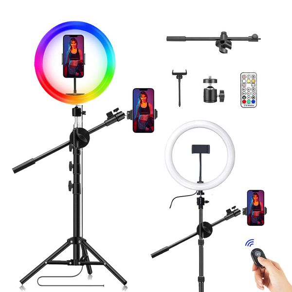 Luci selfie RGB Pografia Led Video Anello luminoso Cerchio Riempimento Illuminazione Fotocamera Po Studio Telefono Lampada selfie con treppiede Braccio braccio 230904