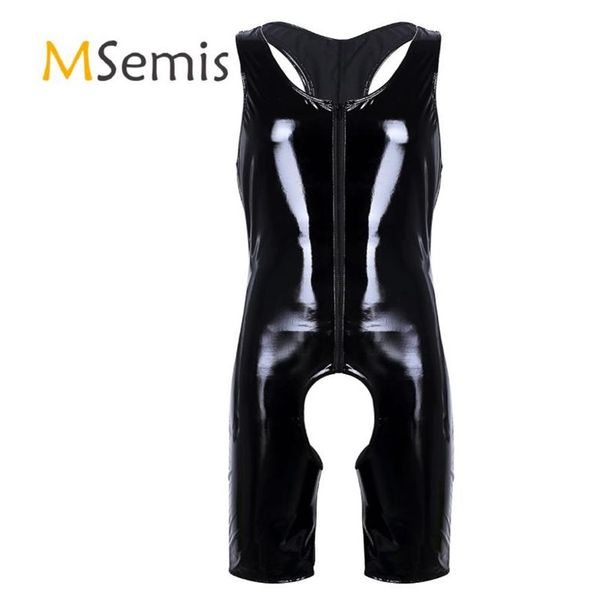 Intimo modellante per il corpo da uomo Nero Lingerie da uomo Wetlook Pelle verniciata senza maniche Cerniera frontale Crotchless Canotta Boxer Body262y