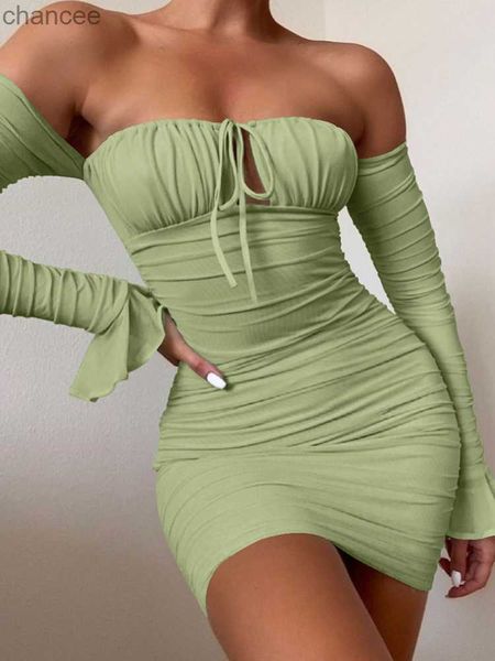 Vestidos Casuais Básicos Sexy Boob Tube Top Lade-up Push Up Vestido de Manga Longa Flounce Manga Bodycon Ruched Mini Vestido Mulheres Vestidos de Ombro LST230904