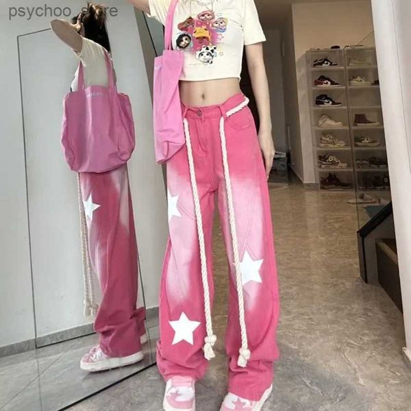Jeans femininos vintage cordão rosa y2k baggy jeans mulheres americana moda estrela impressão feminina streetwear calças jeans calças de cintura alta q230905