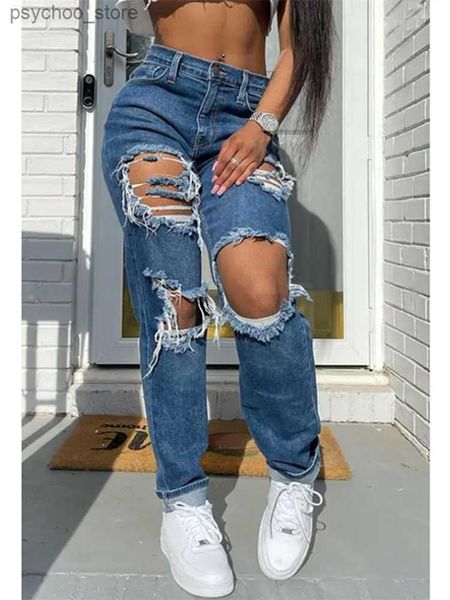 Jeans femininos oco out rasgado jeans retos mulheres azul punk baggy cintura alta mãe namorado denim buraco coreano oversize streetwear calças q230904