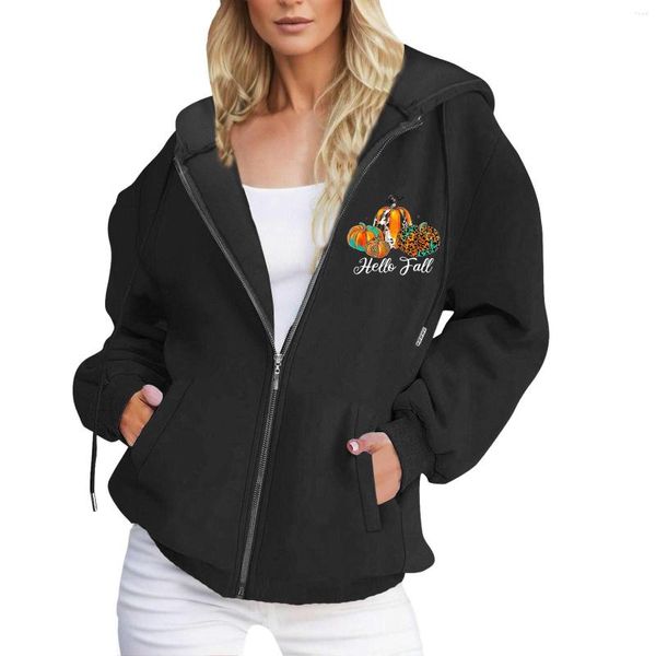 Kadın Hoodies Bayan Zip Balkabağı Baskı Uzun Kollu Sonbahar Kış Tişörtüleri Jumper Ropa Mujer Sudadera Sports