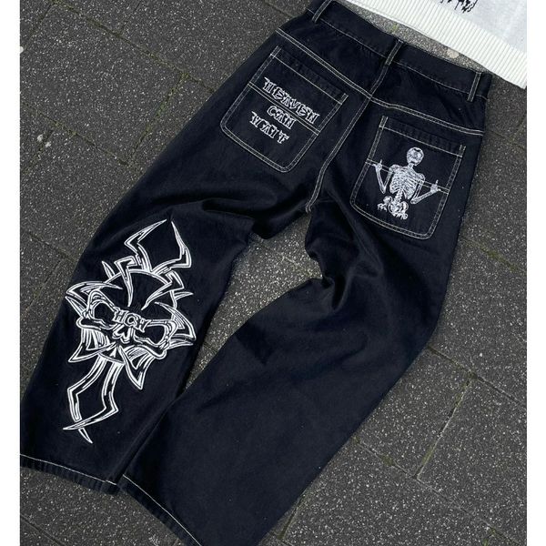 Jeans masculinos y2k homens preto retro crânio demônio demônio lavado mens jeans high street venda baggy jeans mulheres hip hop estiramento cintura calças pretas 230904