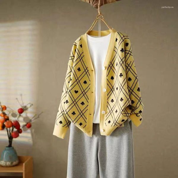 Maglioni da donna Korejepo Autunno Top Maglione Lingge Modello Poker Jacquard Cardigan lavorato a maglia Donna Coreana Casual Versatile Cappotto allentato