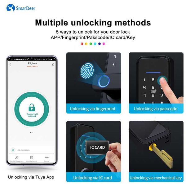 Serrature per porte SmarDeer Wifi Eletronic Lock per Tuya Smart Door Lock per porta di sicurezza con impronta digitale/password/scheda IC/chiave/app Accesso senza chiave HKD230903