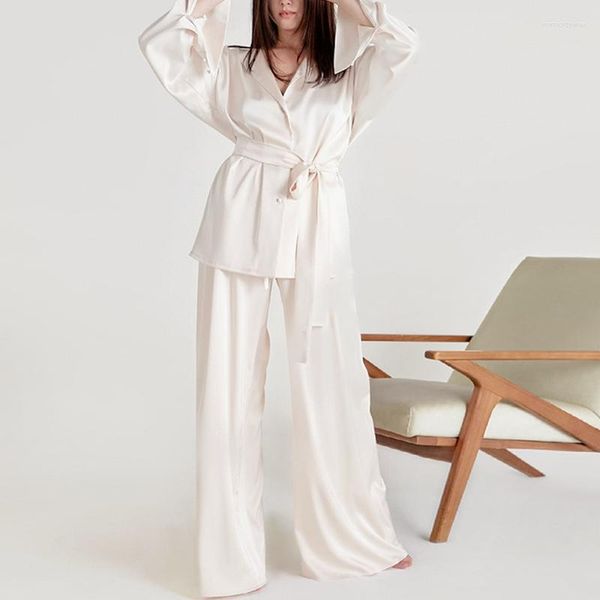 Mulheres sleepwear 2023 pijamas macios conjunto mulheres manga completa cetim seda top calças compridas 2 peças terno com cinto casual solto loungewear