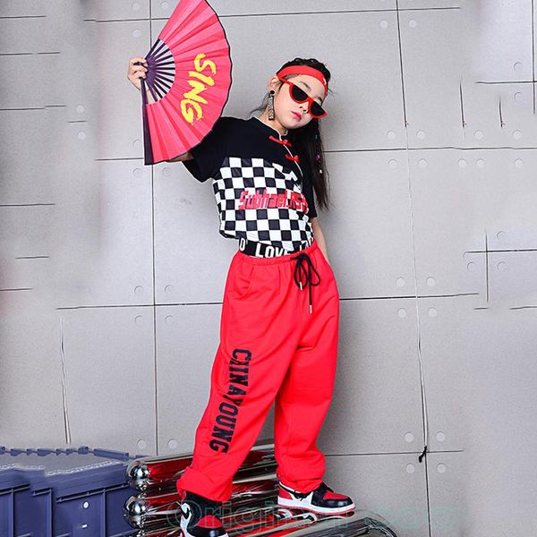 Palco desgaste meninas jazz dança trajes crianças estilo chinês checkerboard hip-hop outfits passarela desempenho hip hop roupas dqs9438