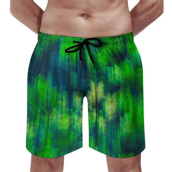 Calções masculinos verde brilhante floresta ginásio abstrato borrão impressão moda placa calças curtas masculino personalizado roupas esportivas confortáveis troncos de natação
