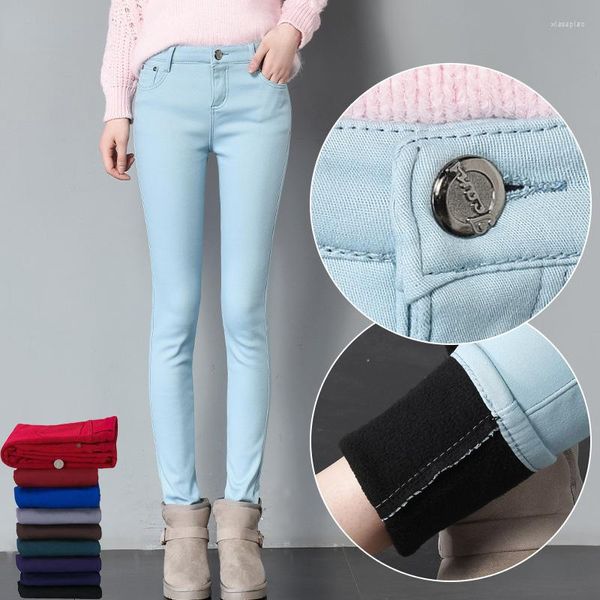 Jeans da donna color caramello addensato velluto skinny donna inverno trendy vita bassa leggings caldi pantaloni a matita in denim elastico oversize