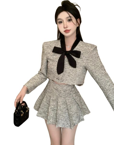 Kadınlar Sonbahar Dötme Yay Yakası Tweed Yün Yüksek Bel Kısa Ceket ve Piled Mini Etek Twinset 2 PC Elbise Takım SML
