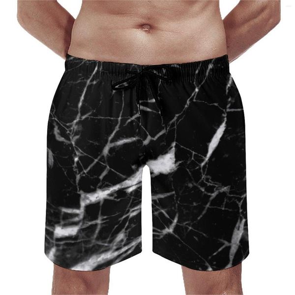 Herren-Shorts, Sommer, Fitnessstudio, Marmor-Crackle, Schwarz, Weiß, Laufen, Surfen, natürliche Marmor-Grafiken, Strandmode, schnell trocknende Badehose