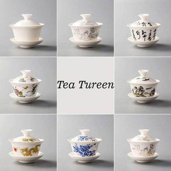 Teegeschirr-Sets, Terrine und Schüsseln, weißes Porzellan, Keramik, Gaiwan-Teetasse, Kung-Fu-Set, Geschenk, Sonderangebot, Keramik, Schüsseldeckel, Blau und Weiß, 230901