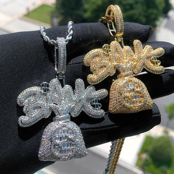 Iced Out Dollar Money Bag Bank Letter Charm Pingente Colar com Corda Corrente Hip Hop Mulheres Homens Completa Pavimentada 5A Cubic Zirconia Presente Diário Joias