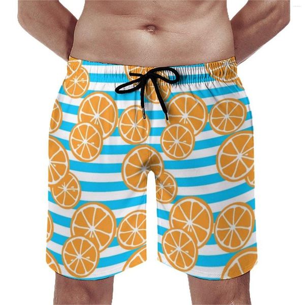 Shorts masculinos laranjas fatias ginásio verão listras brancas e azuis vintage praia calças curtas esportes rápido seco design troncos de natação