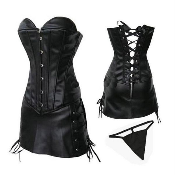 Plus size moda feminina clubwear espartilho vestido roupa sexy pvc couro overbust bustier corselet e lado rendas mini saia S-6XL 252y