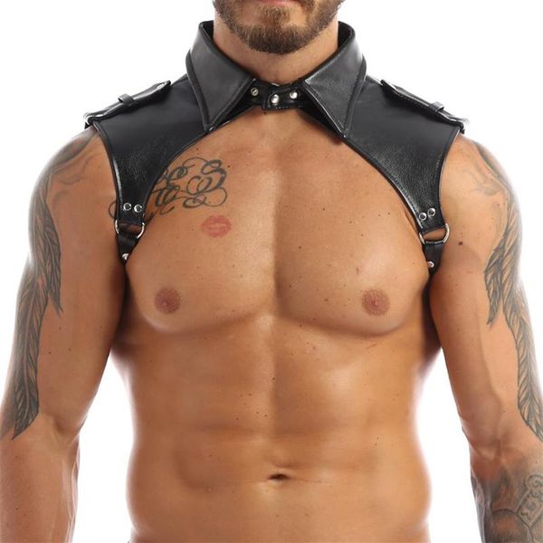 Bras conjuntos msemis arnês homens lingerie faux couro ajustável corpo peito lapela traje de bondage com botões de imprensa para noite clubbr275q