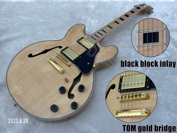 Guitarra elétrica corpo oco jazz cor natural alto brilho peças de ouro captadores HH preto pickguard maple fingerboard com incrustação de bloco preto