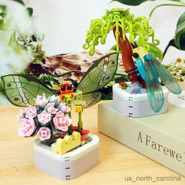 Blocchi Creatività Bouquet di fiori bonsai Piantare Farfalla Cicala Libellula Modello Building Blocks Giocattoli per bambini Regalo R230904