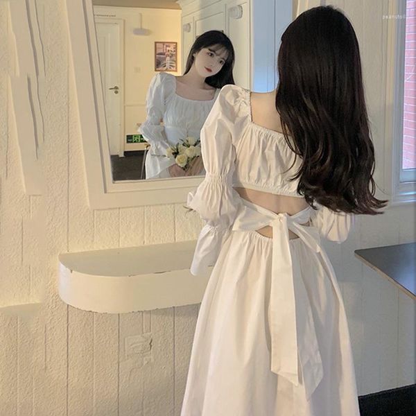 Повседневные платья Элегантное белое платье Женское сексуальное бандажное платье с открытой спиной и длинным рукавом до середины икры с квадратным воротником Корейский модный женский халат