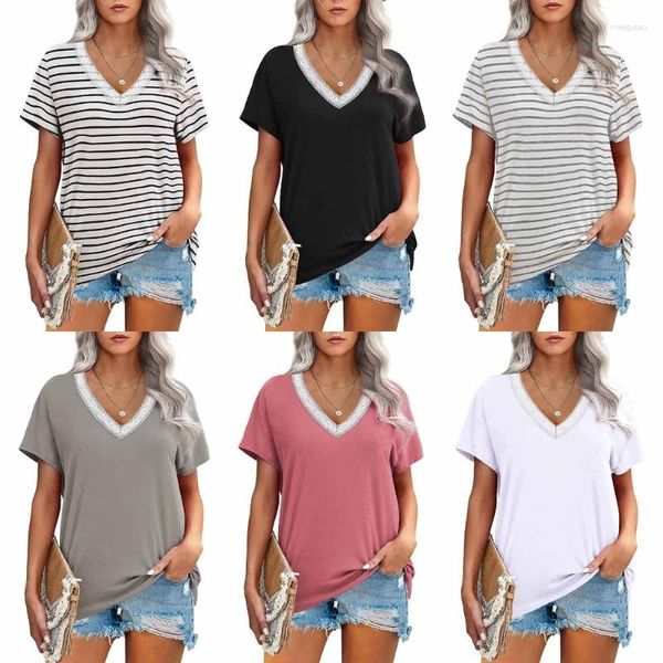 Mulheres camisetas Mulheres verão manga curta laço crochê v-pescoço blusas t-shirt casual solto cor sólida listrado impressão pulôver túnica tops