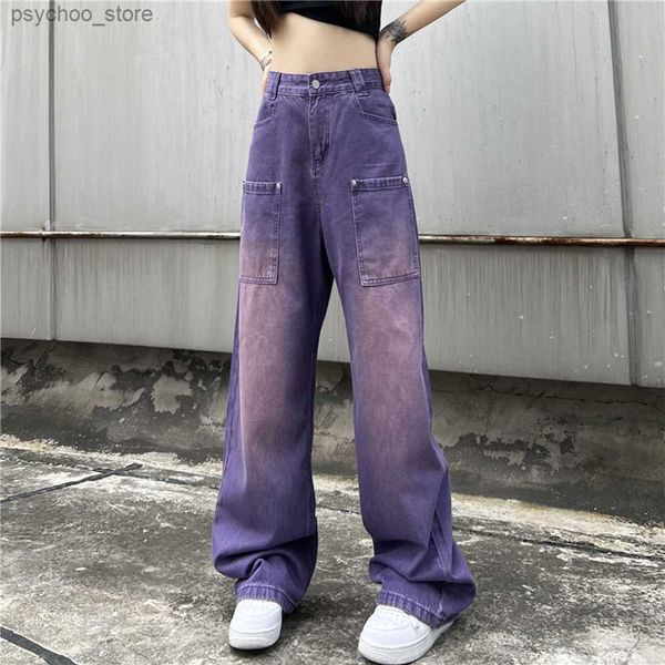 Damenjeans Lila Cargohose Jeans Damen High Waist Mode Streetwear Große Taschen Y2k Baggy Denim Hose Overalls Weite Beinhose Q230904