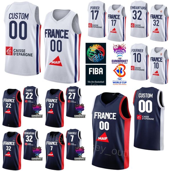 Imprimir Copa do Mundo de Basquete Francês Jerseys França 26 MATHIAS LESSORT 32 Victor Wembanyama 10 Evan Fournier 5 Nicolas Batum Joel Embiid Rudy Gobert 77 Damien INGLIS