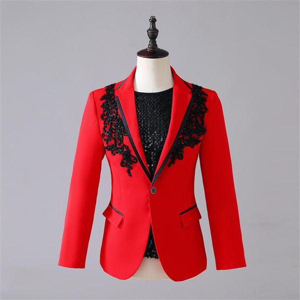 Männer Stickerei Pailletten Anzug Blazer Rot Formale Bankett Hochzeit Smoking Bar Bühne Abend Party Sänger Host-Performance-Mantel 246K