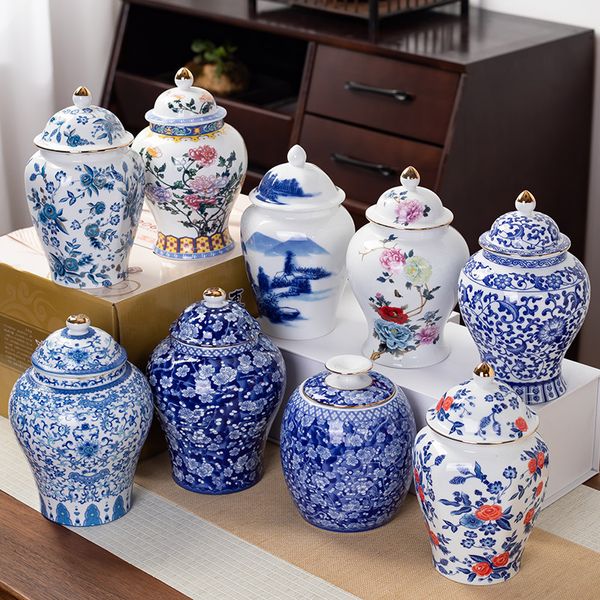 Objetos decorativos estatuetas banhado a ouro jarra de chá de cerâmica vintage azul e branco porcelana selada armazenamento à prova de umidade recipiente de pote de alimentos 230901