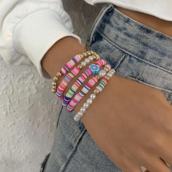 Braccialetti a maglie Bracciale in argilla polimerica stile etnico Boho per donna Ciondoli moda semplice retrò Temperamento Accessori per mani con perle Regalo di gioielli