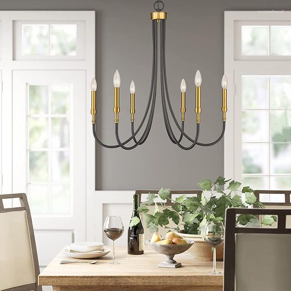 Lâmpadas pendentes 6-luz fazenda candelabro preto e ouro latão grande luminária de metal para sala de jantar quarto sala de estar