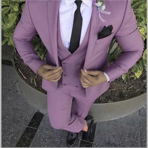 Ternos masculinos blazers 2021 mais recente roxo rosa masculino fino ajuste feito sob encomenda casamento casual 3 peça jaqueta colete calças terno 341m