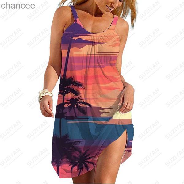 Vestidos casuais básicos estilo praia havaiana coqueiro vestido estampado 3D feminino confortável vestido respirável verão novo vestido casual com alça espaguete LST230904