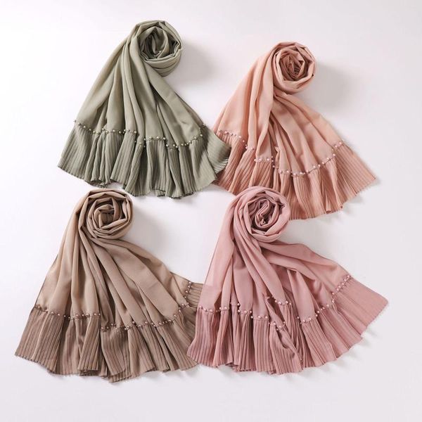 Abbigliamento etnico Donne musulmane Chiffon Hijab Perla Pieghettato Perline Sciarpa per unghie Hui Garza Foulard malese Medio Oriente Africa