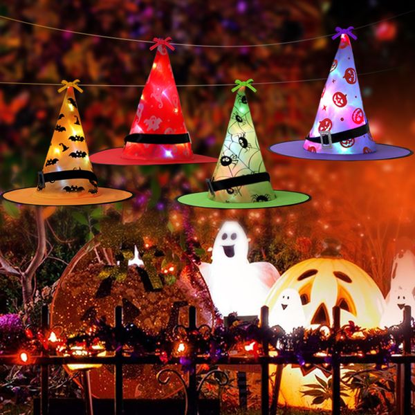 Altri accessori per feste per eventi 4 pezzi Halloween appeso incandescente cappello da strega luce a LED per giardino esterno cortile albero festa decorazione di Halloween costume puntelli cosplay 230904