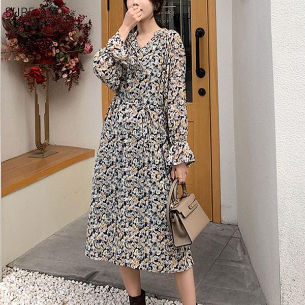Abiti casual stile coreano stampa floreale 2023 primavera scollo a V abito vintage donna manica lunga in chiffon abito Femenino 13195